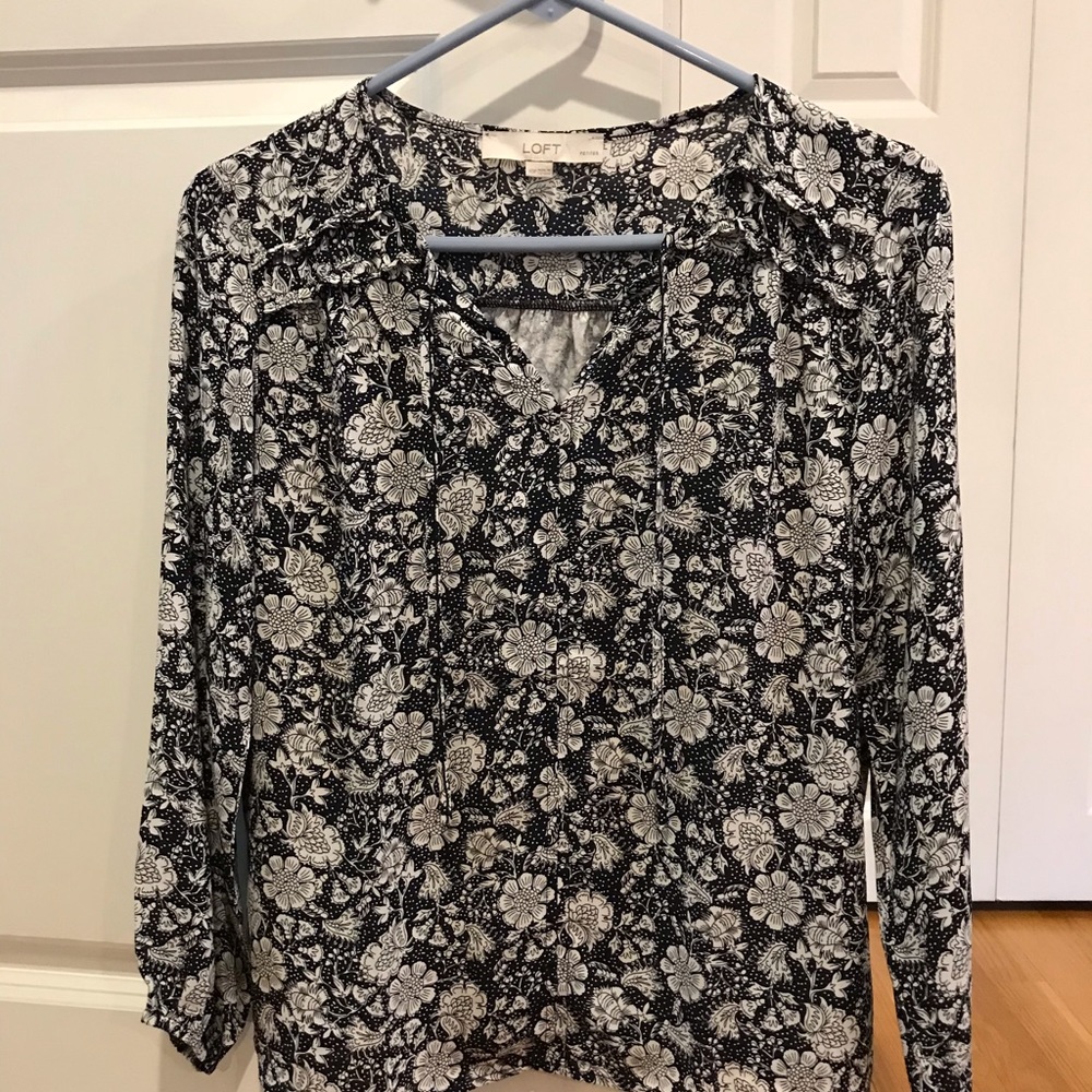 Loft Navy and Cream Peasant Top